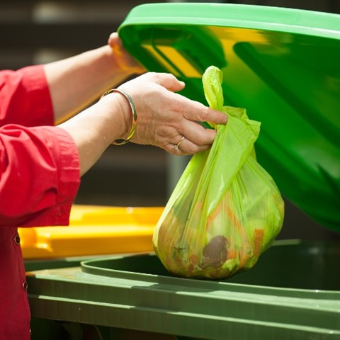 Julie Goodwin putting green waste in bin